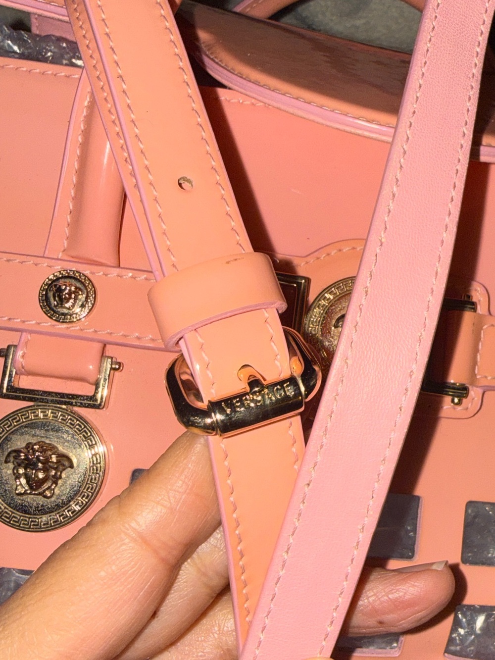 Versace Pink Patent Leather Medusa Cutout Satchel Crossbody Bag Golden Hardware - Picture 15 of 16